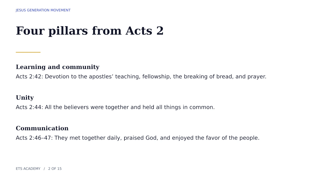 Acts 2 passages connected to Learning, Community, Unity, and Communication
