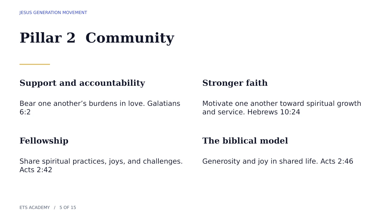 Community through support, accountability, stronger faith, and fellowship