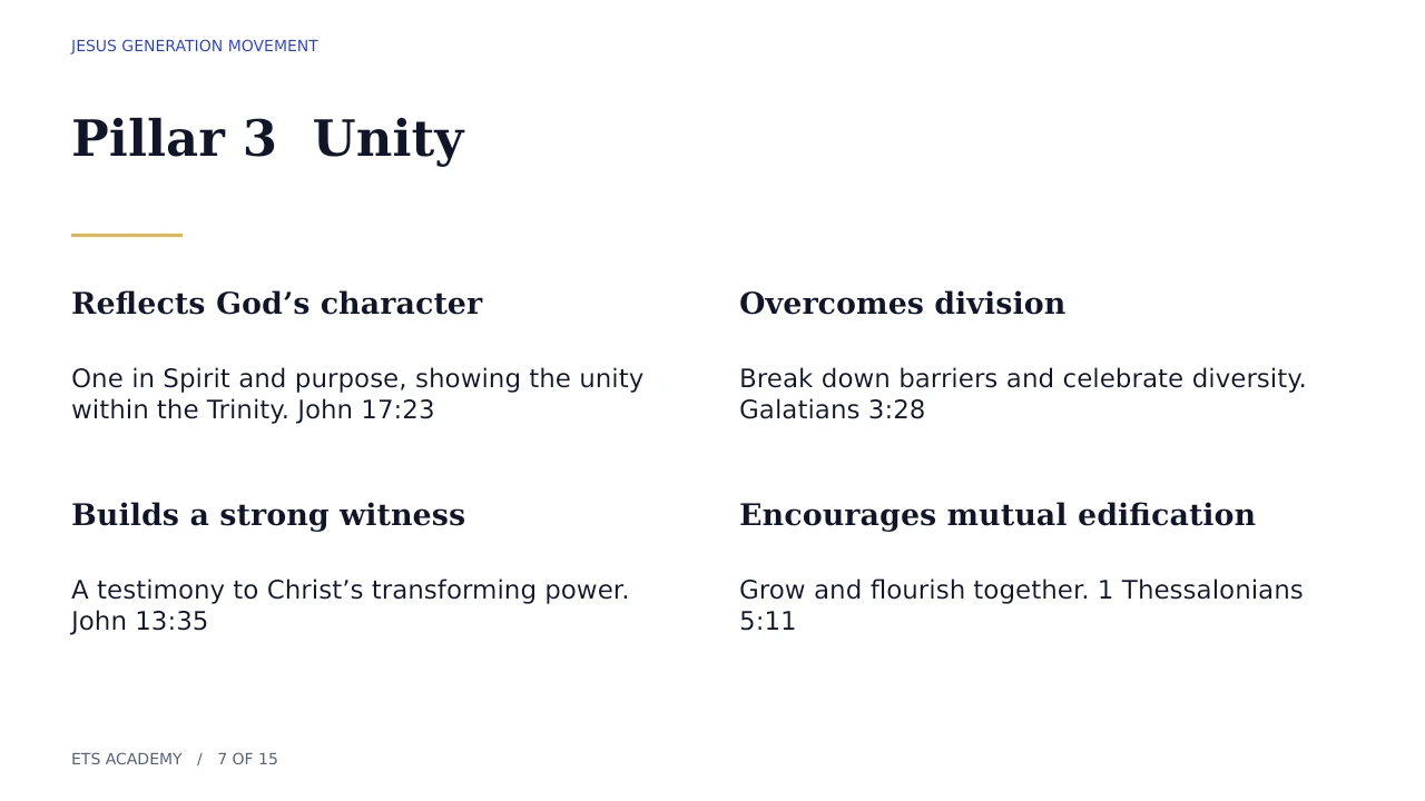 Unity through God’s character, overcoming division, witness, and mutual growth